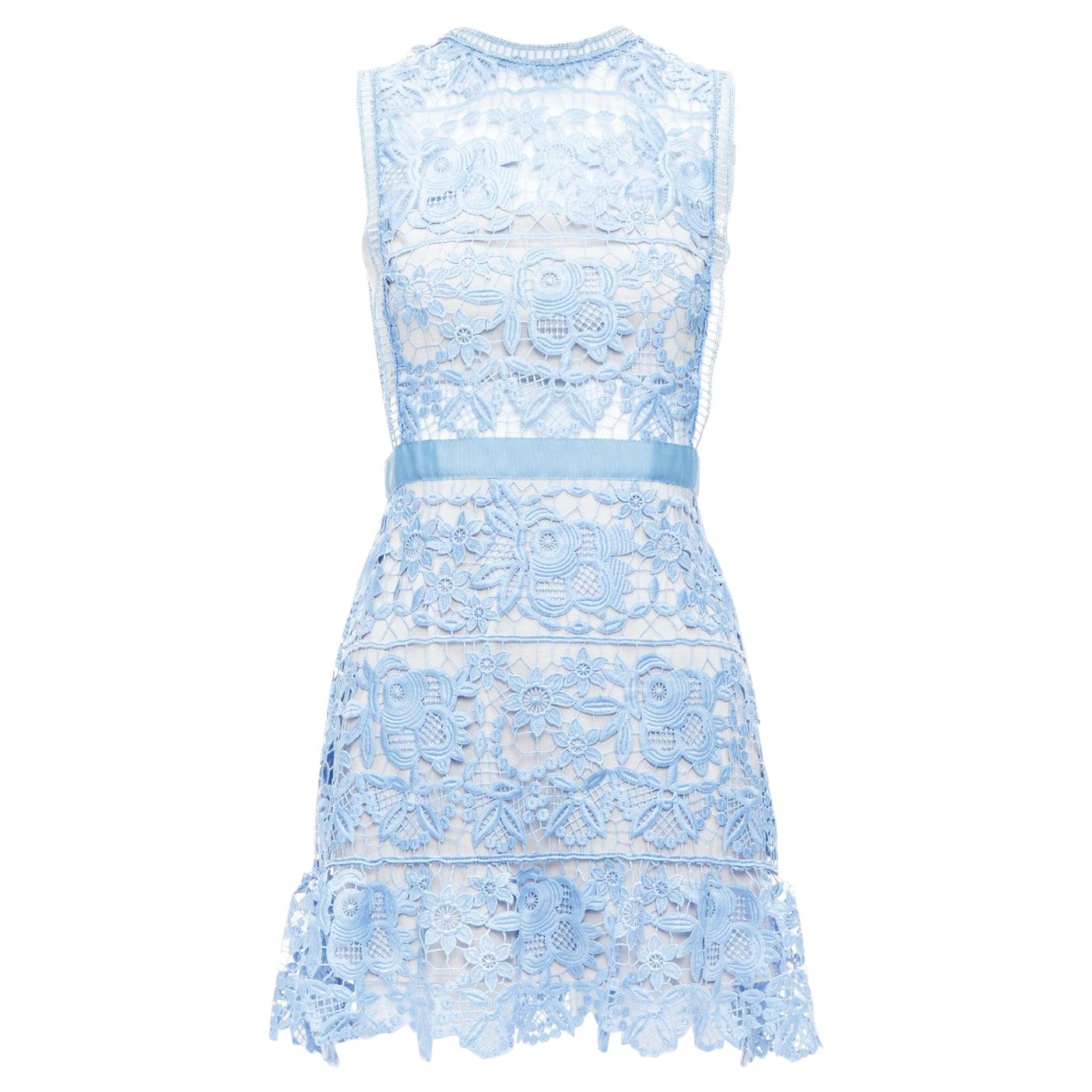 SELF PORTRAIT Lace Peplum blue floral eyelet overlay mini dress UK8 S For Sale