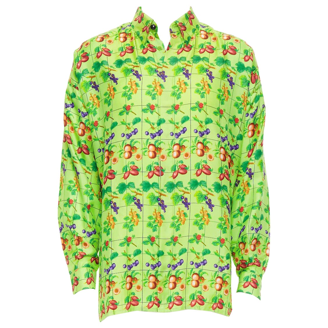 GIANNI VERSACE 1990's Vintage neon green fruit print silk shirt IT48 M For Sale