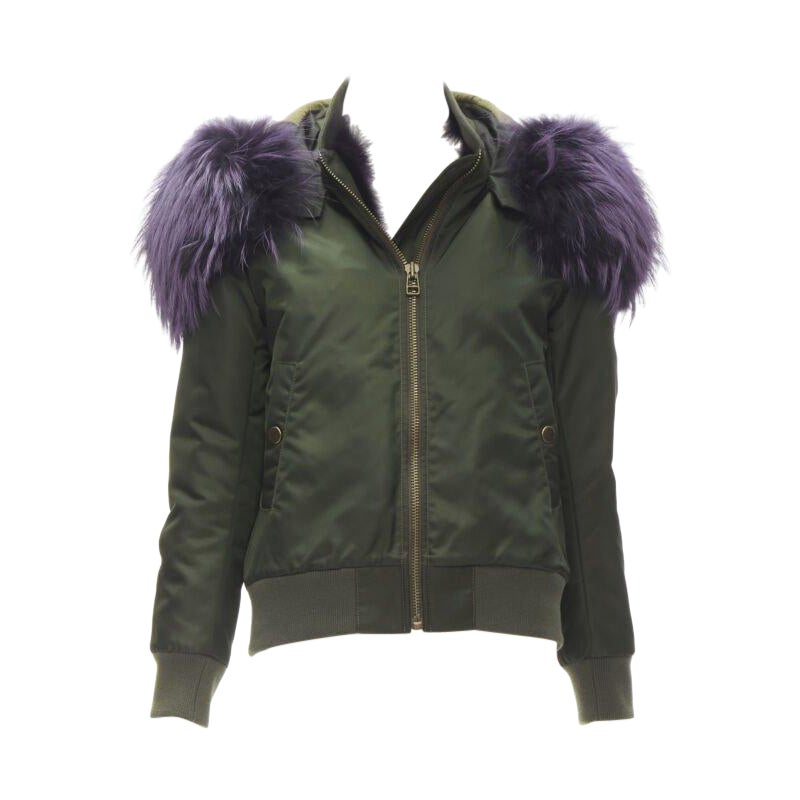 MR AND MRS ITALY green nylon purple fox fur fully lined MA-1 bomber jacket XS For Sale