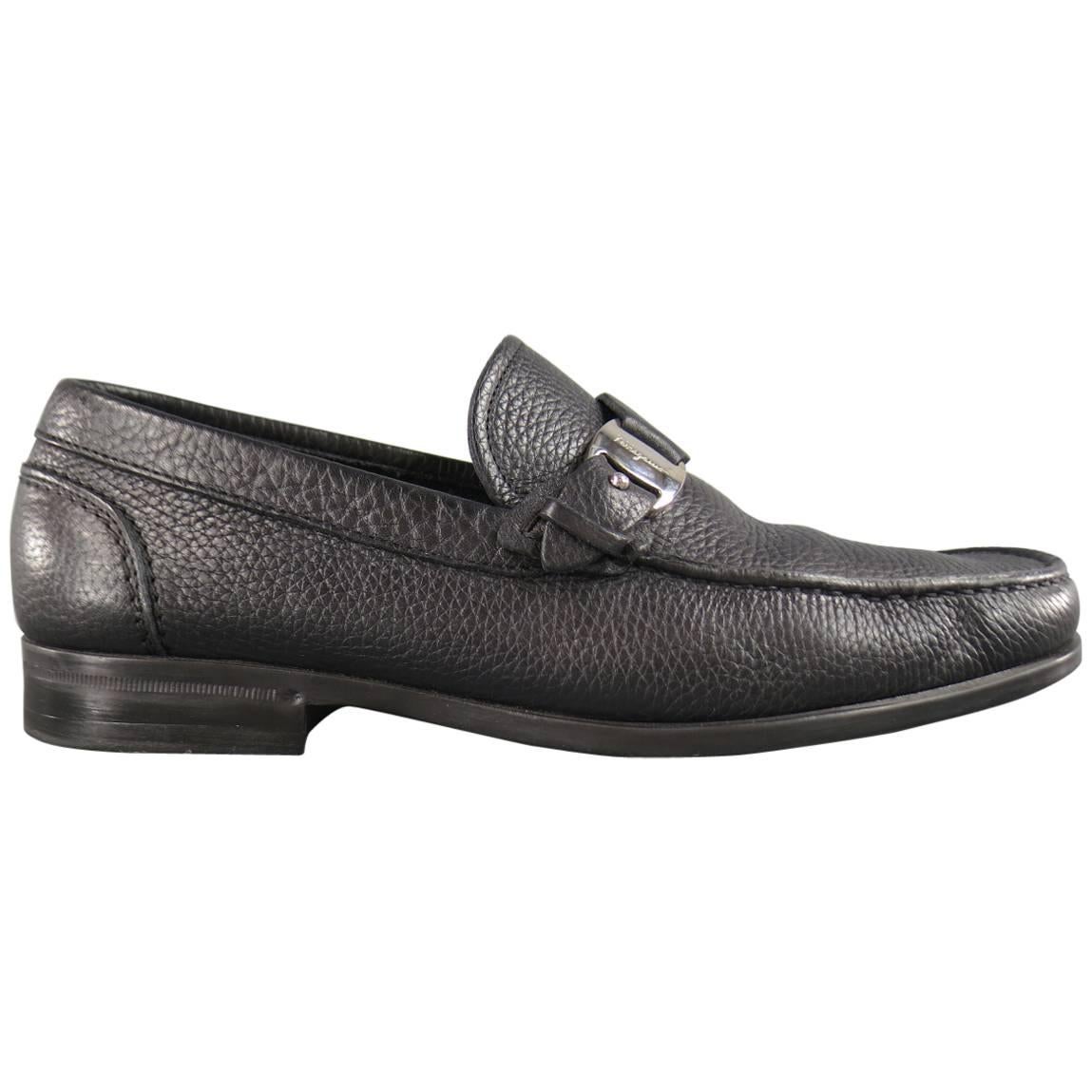 Men's SALVATORE FERRAGAMO Size 8 Black Textured Leather Strap Loafers
