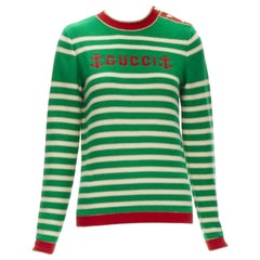 GUCCI Nautische Seemanns-Pullover mit Intarsienstickerei in Grün und Beige gestreift XS