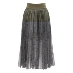 SACAI 2022 khaki nylon grey checkered contrast pleated midi skirt JP2 M
