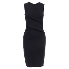 CHRISTIAN DIOR black wool wrap ruched waist sheath dress FR36 S