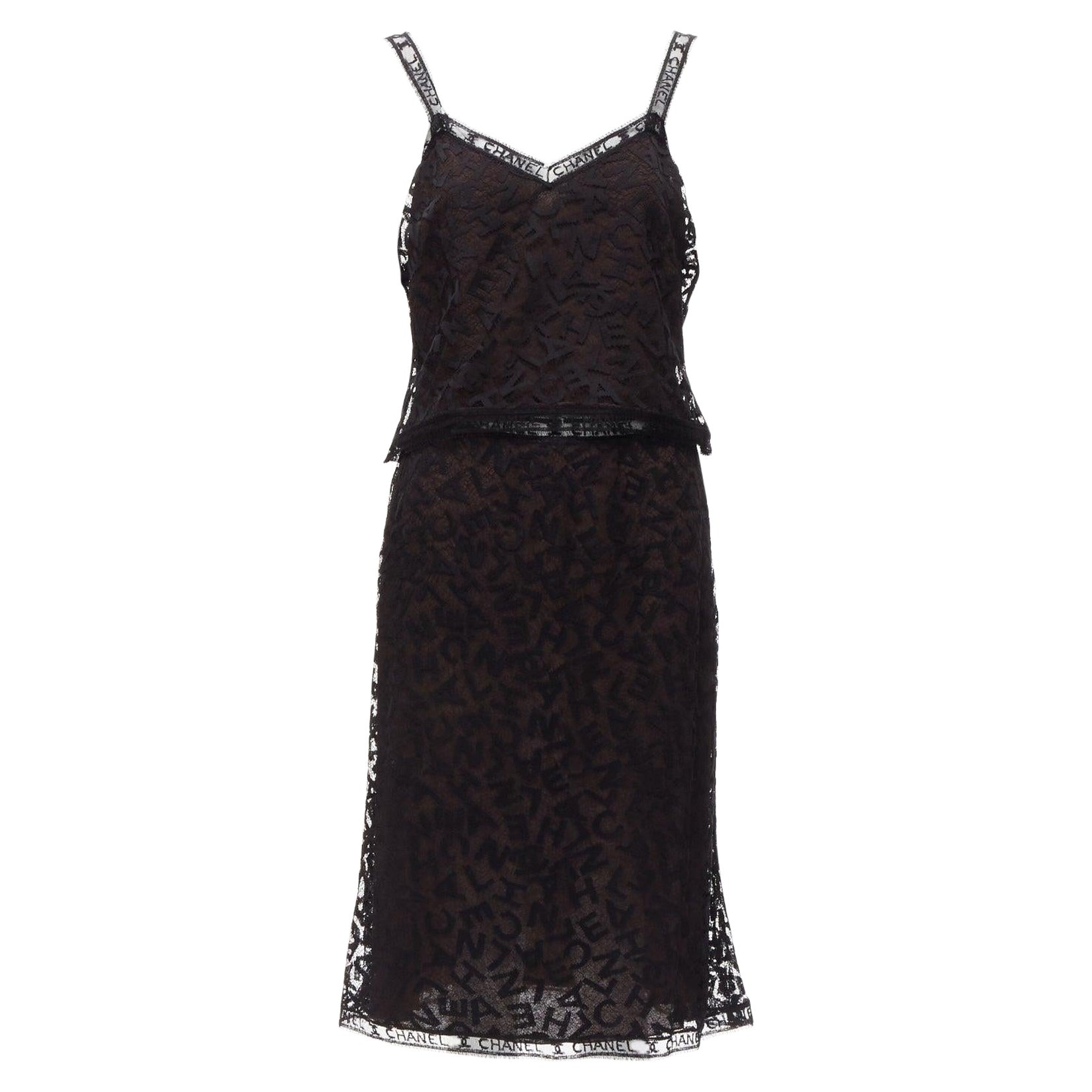 rare CHANEL 98A Karl Lagerfeld Runway Vintage black CC lace cami skirt FR40 L For Sale