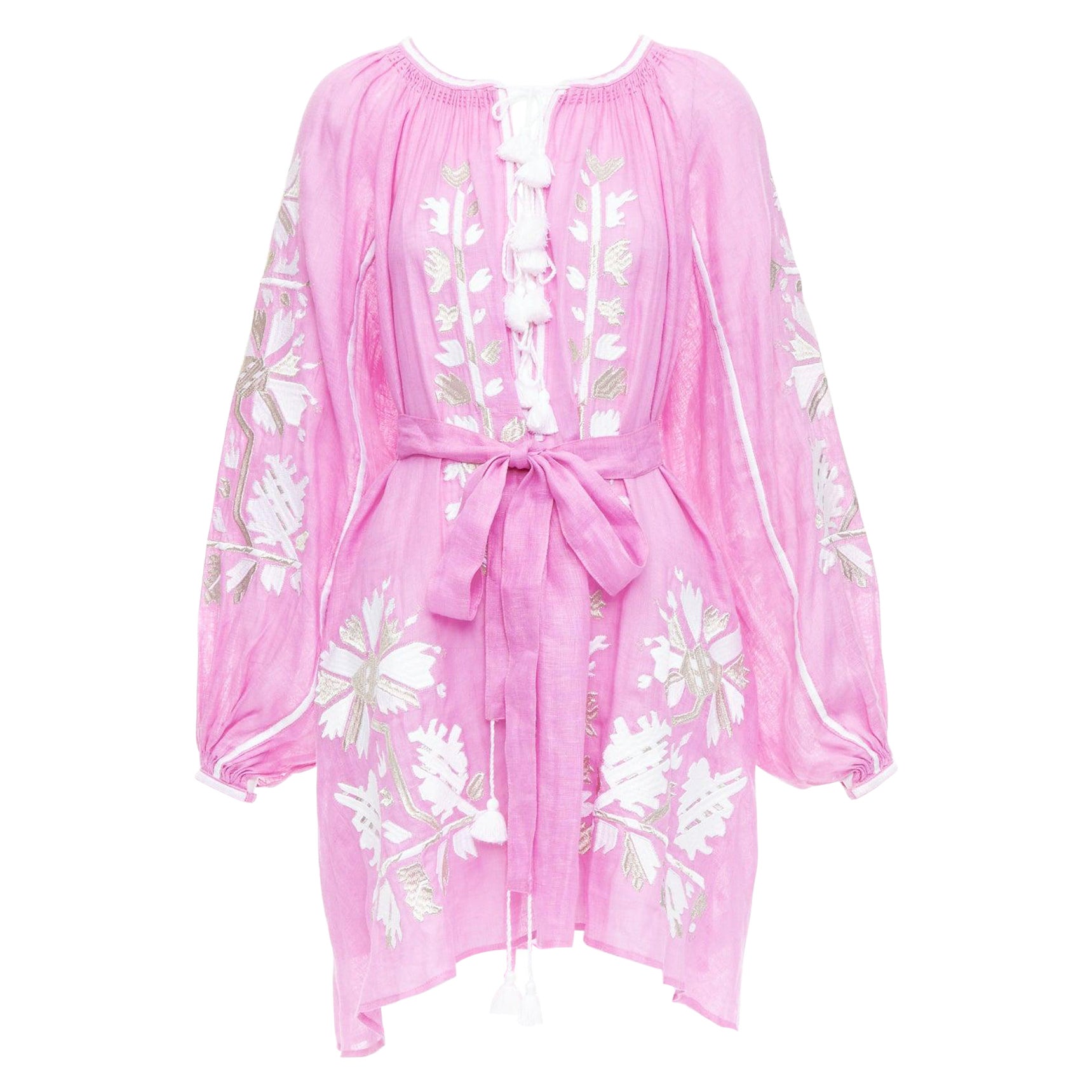 MARCH 11 100% linen pink white silver cotton embroidery boho dress S For Sale