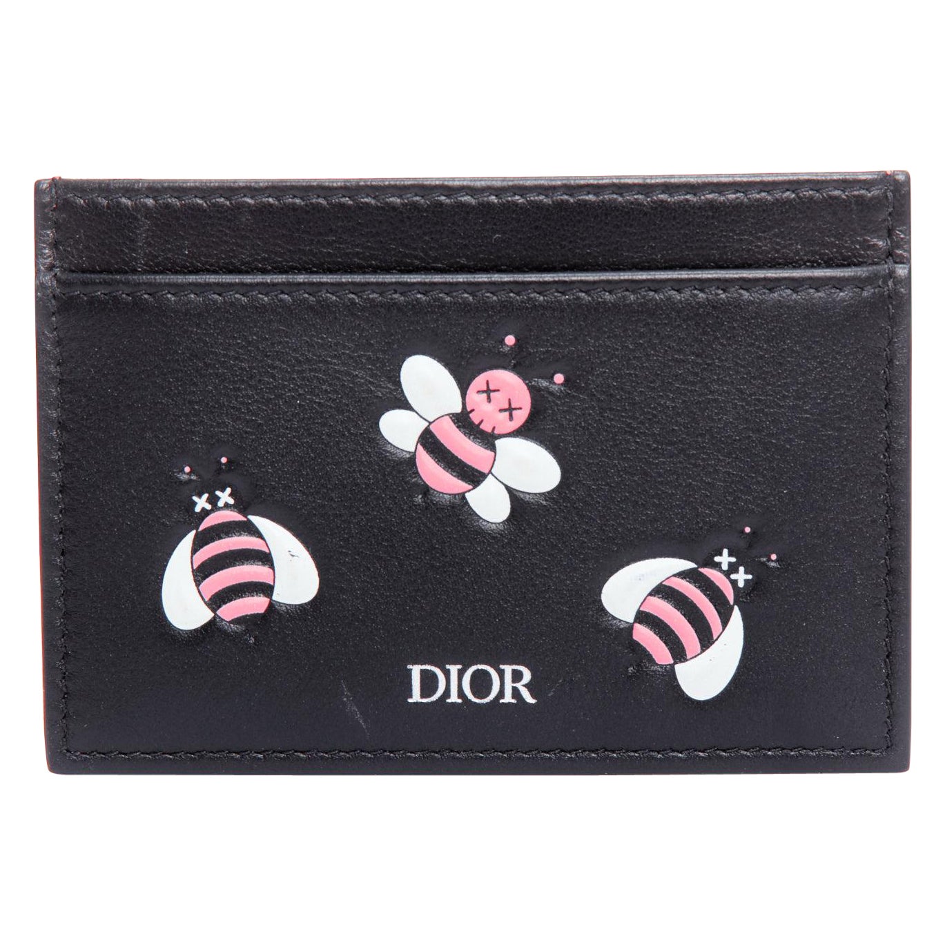 DIOR KAWS 201k pink bee XX black leather cardholder For Sale