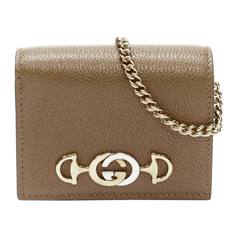 GUCCI 570660 Zumi brown leather GG Horsebit bi-fold wallet on chain nano bag For Sale
