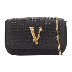 VERSACE Virtus Barocco black crystal embellished flap crossbody clutch bag