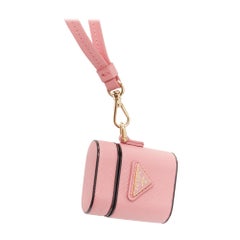 PRADA Symbole Triangle logo saffiano leather AirPods case lanyard pink