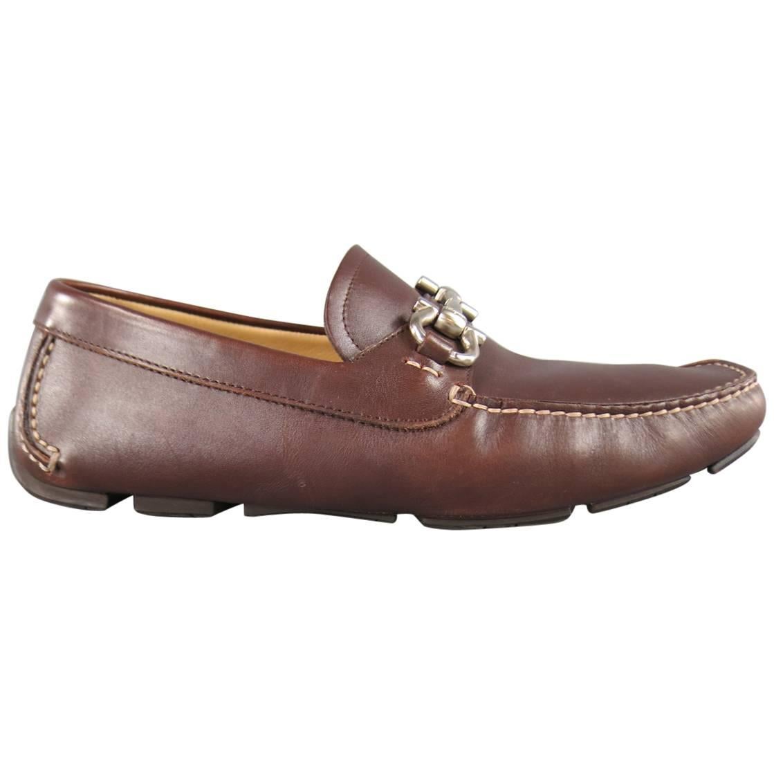 Men's SALVATORE FERRAGAMO Size 7.5 Brown Leather Gancini Horsebit Driver Loafers