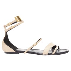 SAINT LAURENT Janis nude leather gold metal bar flat sandals EU38.5