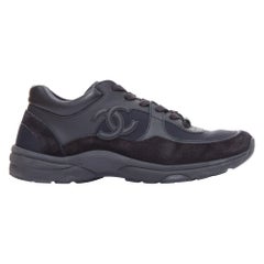 CHANEL Triple Black black CC mixed leather low top trainer sneakers EU39.5