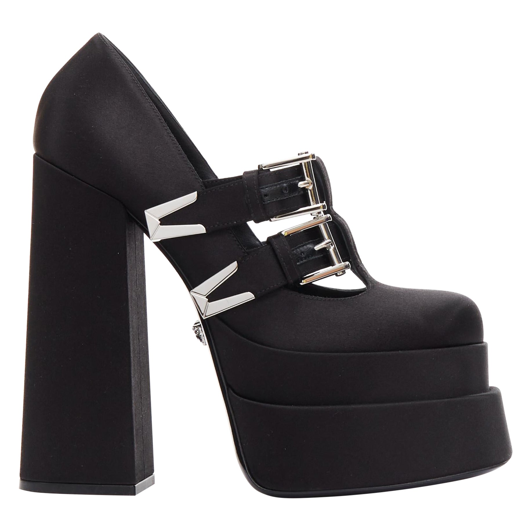 VERSACE Runway Aevitas 155 noir satin bondage boucle double plateforme EU38