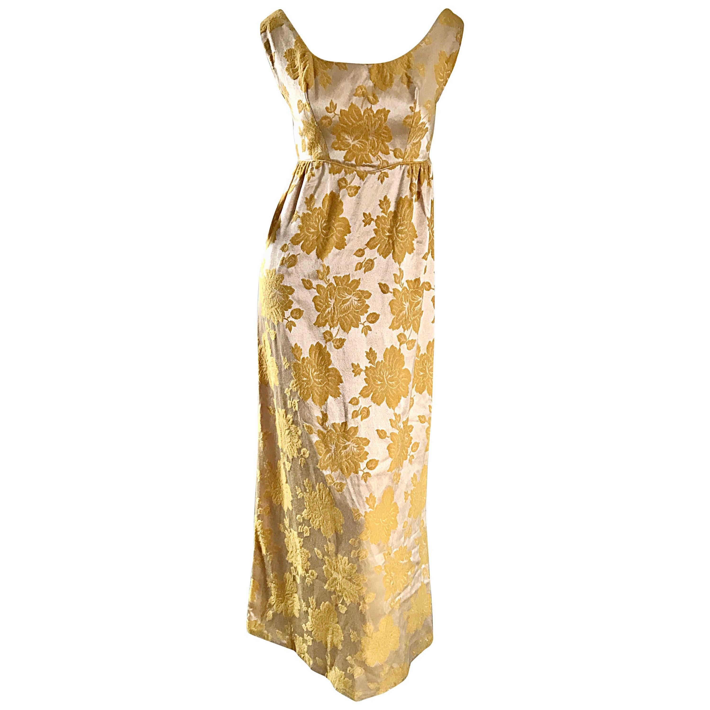 Beautiful 1960s 60s Marigold Yellow Gold Metallic Floral Evening Gown Maxi Dress For Sale