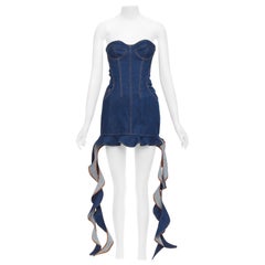 DAVID KOMA Corset Denim blue cotton cascade sides mini dress UK6 XS