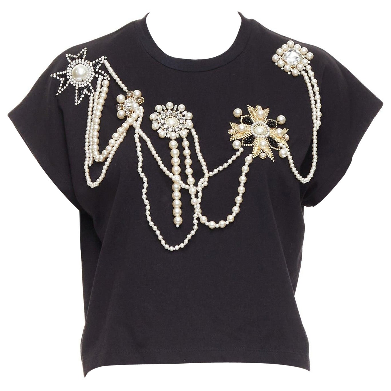 BALMAIN black cotton pearl bead embellished crop tshirt XS For Sale