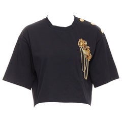 BALMAIN Gold Knöpfe Kette verschönert Brosche Schwarz Baumwolle Crop Tshirt XS