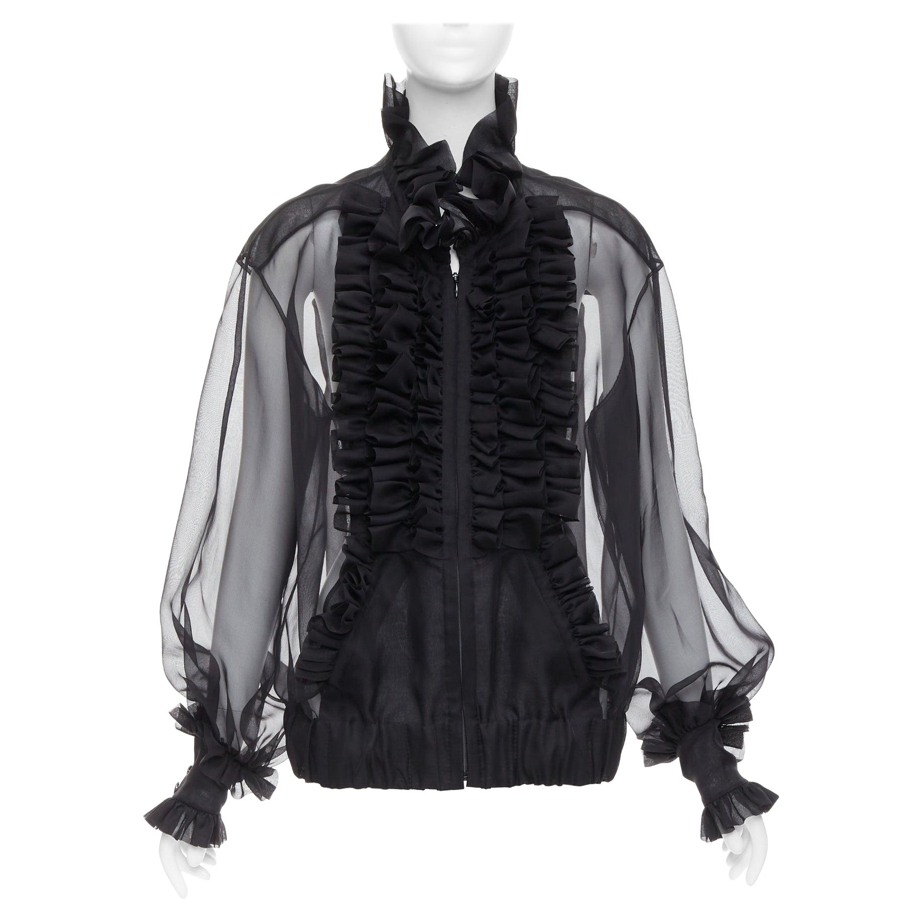 rare CHANEL black sheer silk Victorian ruffle collar zip up bomber jacket For Sale