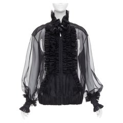 rare CHANEL black sheer silk Victorian ruffle collar zip up bomber jacket