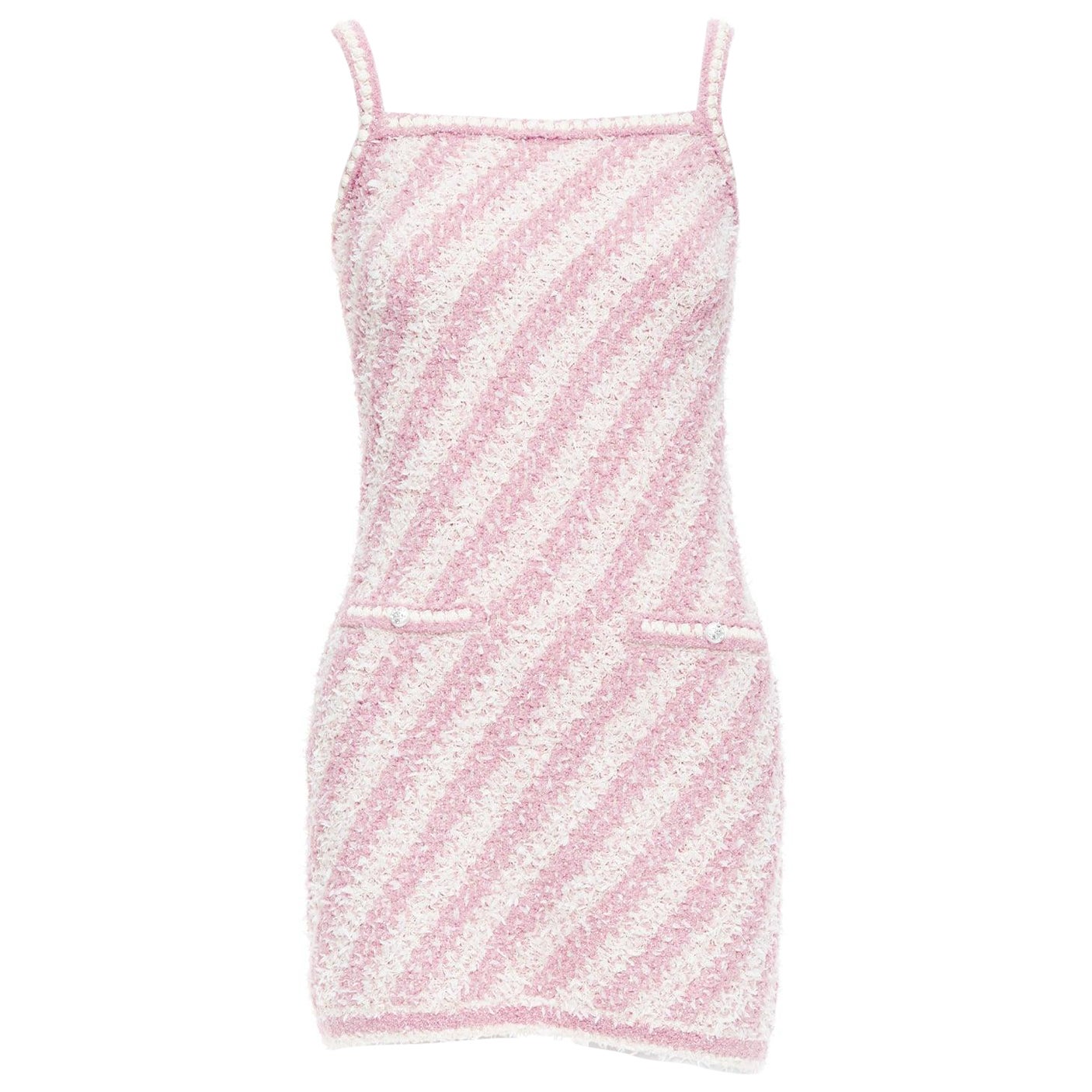 CHANEL 23S pink white cotton blend striped tweed CC mini dress FR34 XS For Sale