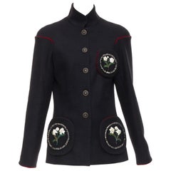 rare CHANEL 2015 Runway Edelweiss flower embroidery circle pocket wool coat FR42