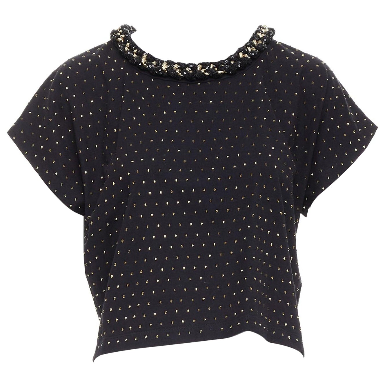BALMAIN gold crystal rhinestone chain embellished black crop tshirt XS For Sale