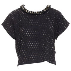 BALMAIN Gold Kristall Strass Kette verziertes schwarzes Crop Tshirt XS