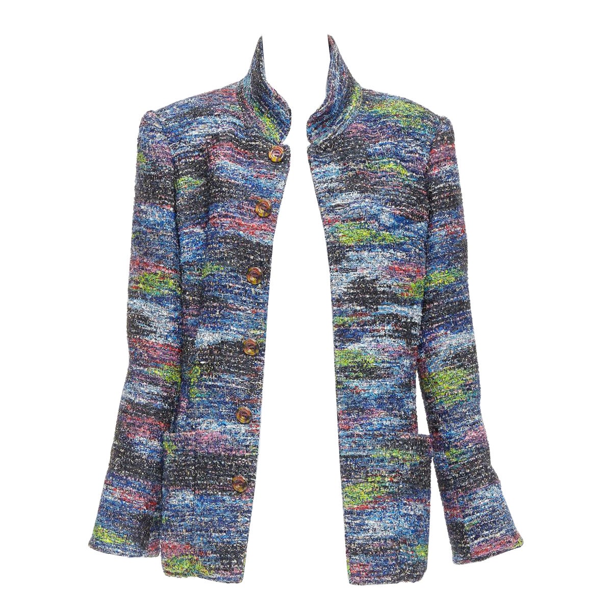 rare CHANEL 2015 Runway blue spray painted Fantasy tweed jacket FR46