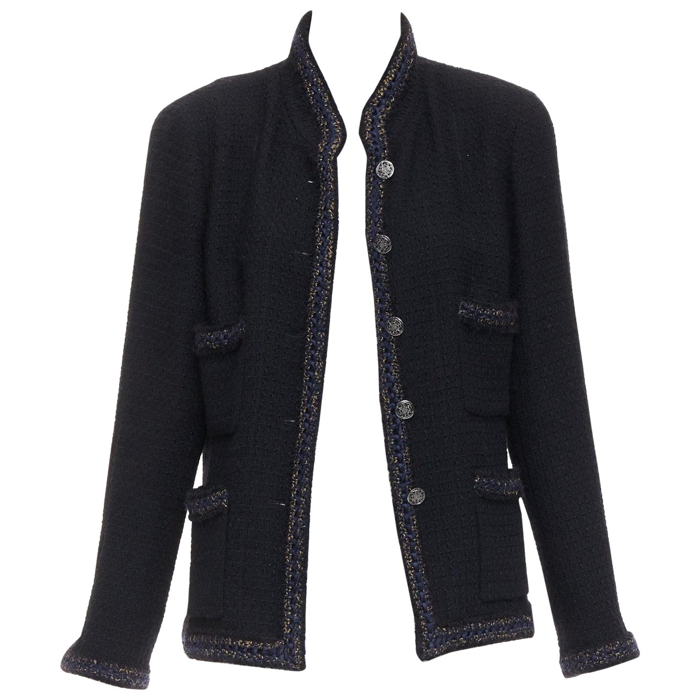 CHANEL Paris Shanghai Runway black lattice tweed crochet trim 4 pocket jacket For Sale