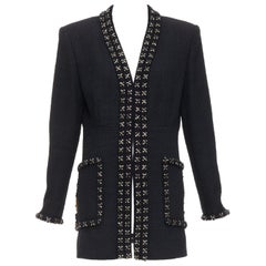 CHANEL 17A black tweed gold crosshatch braided Lionheart button long coat FR44