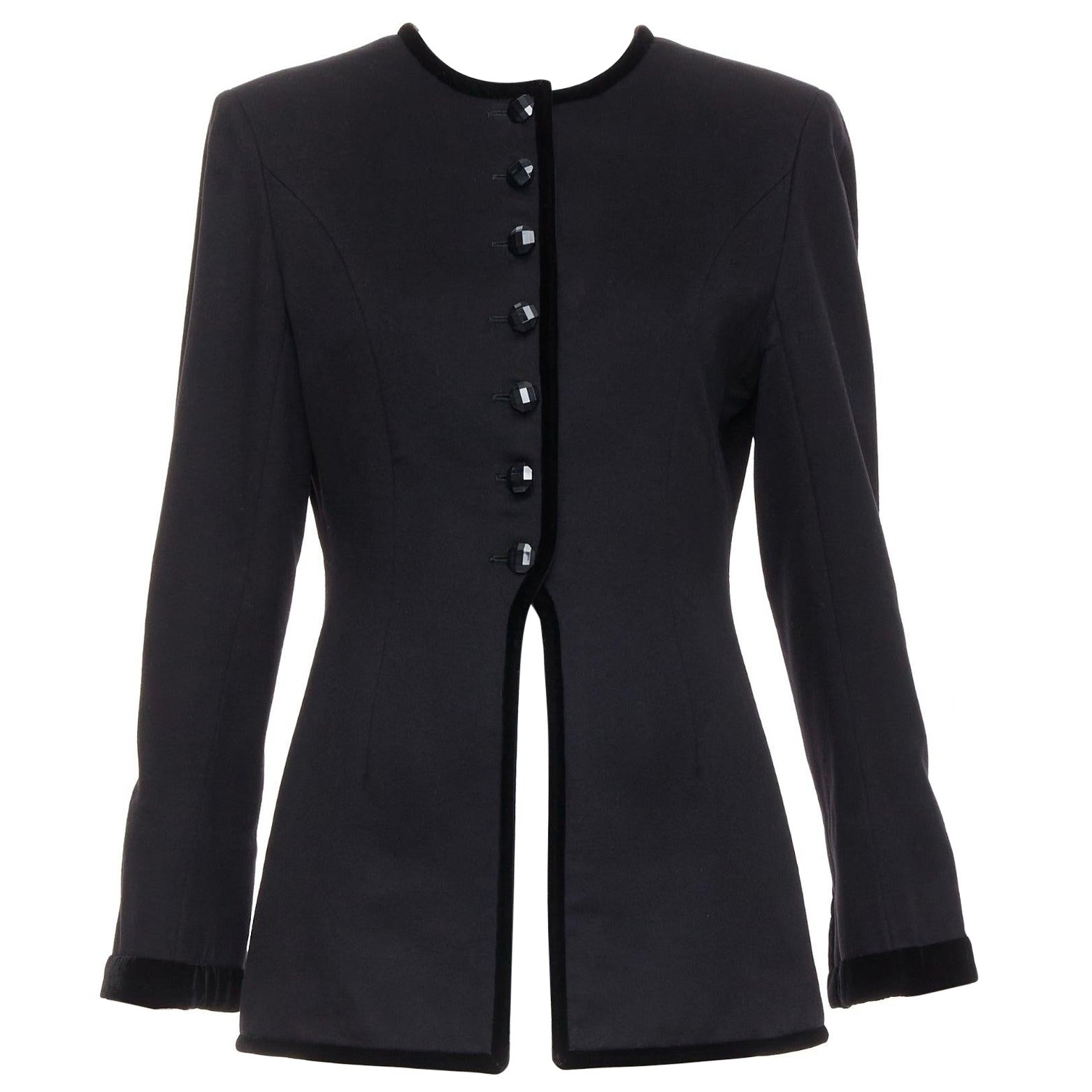 VALENTINO Vintage black wool velvet trim faceted button jacket UK10 M For Sale