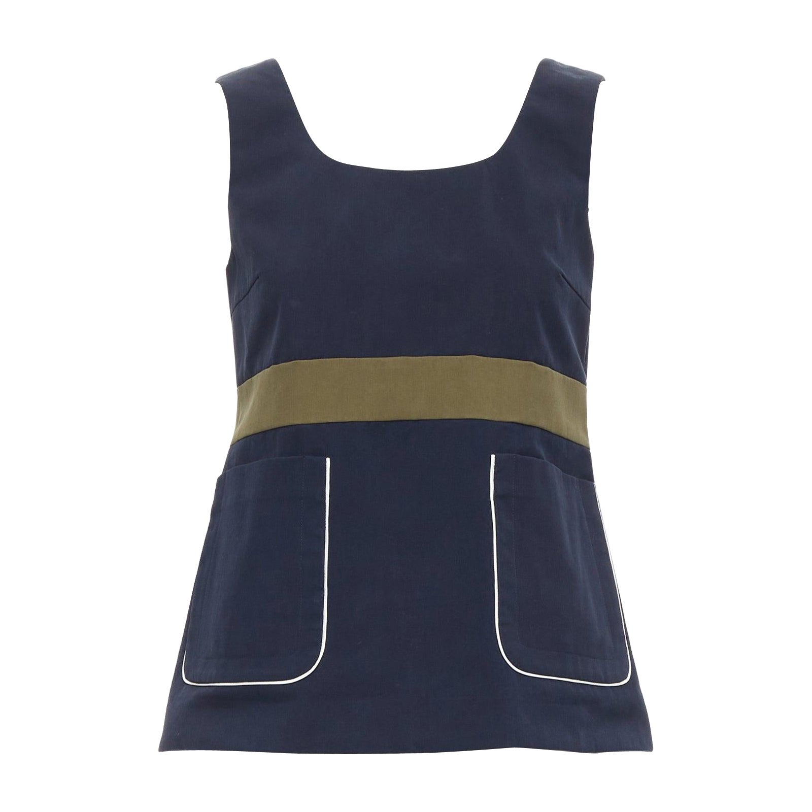 MARNI navy khaki cotton white trim dual pocket cropped top IT38 XS For Sale