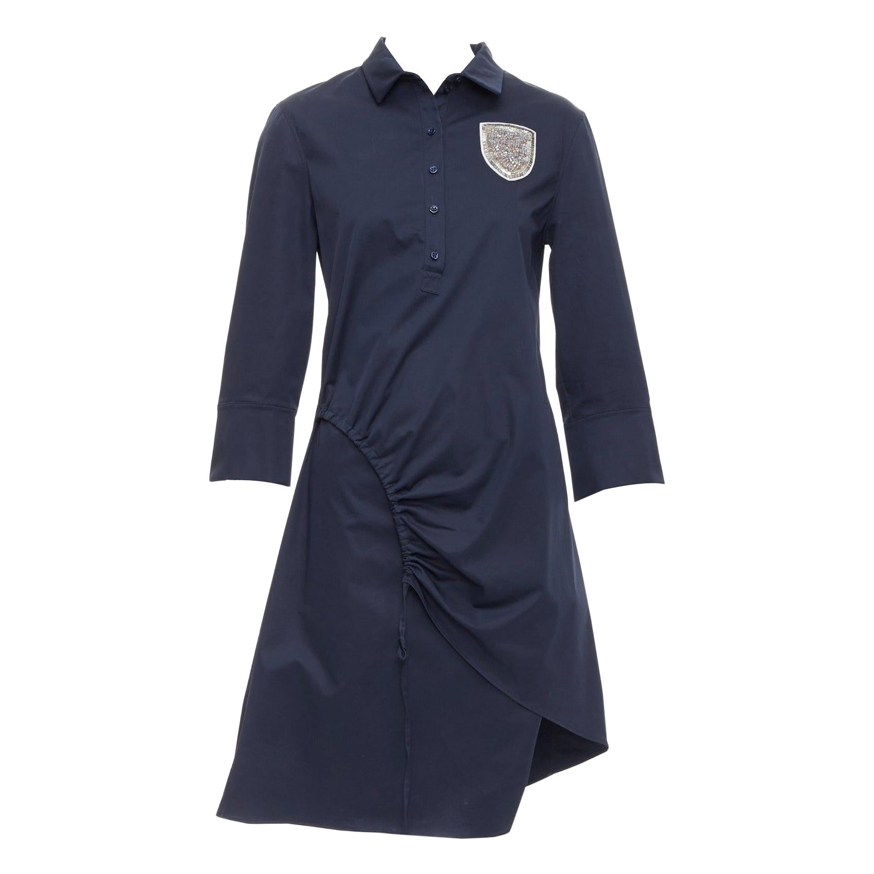 CHRISTIAN DIOR navy cotton beaded crest badge button down dress FR36 S For Sale