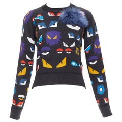 FENDI Monster Bug Eye print black virgin wool fur trim sweater IT40 S
