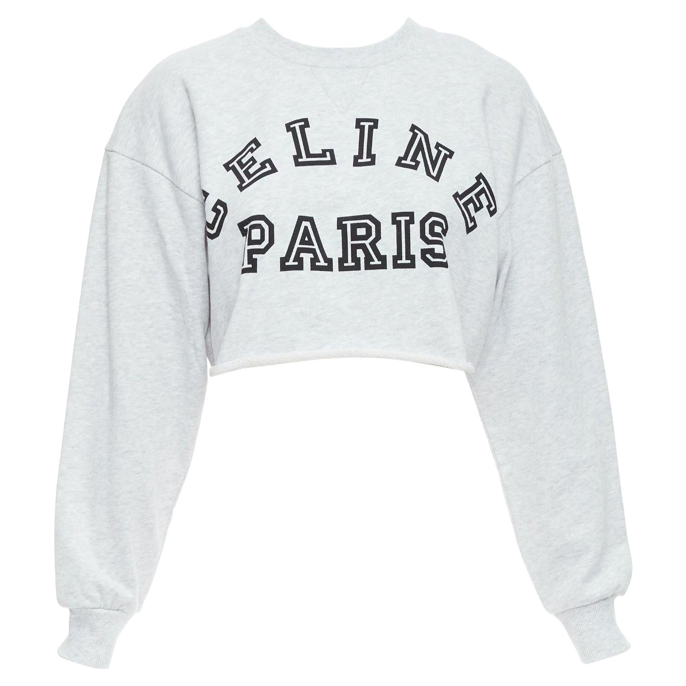 CELINE Runway grey cotton varsity logo cutoff sweatshirt crop top S For Sale