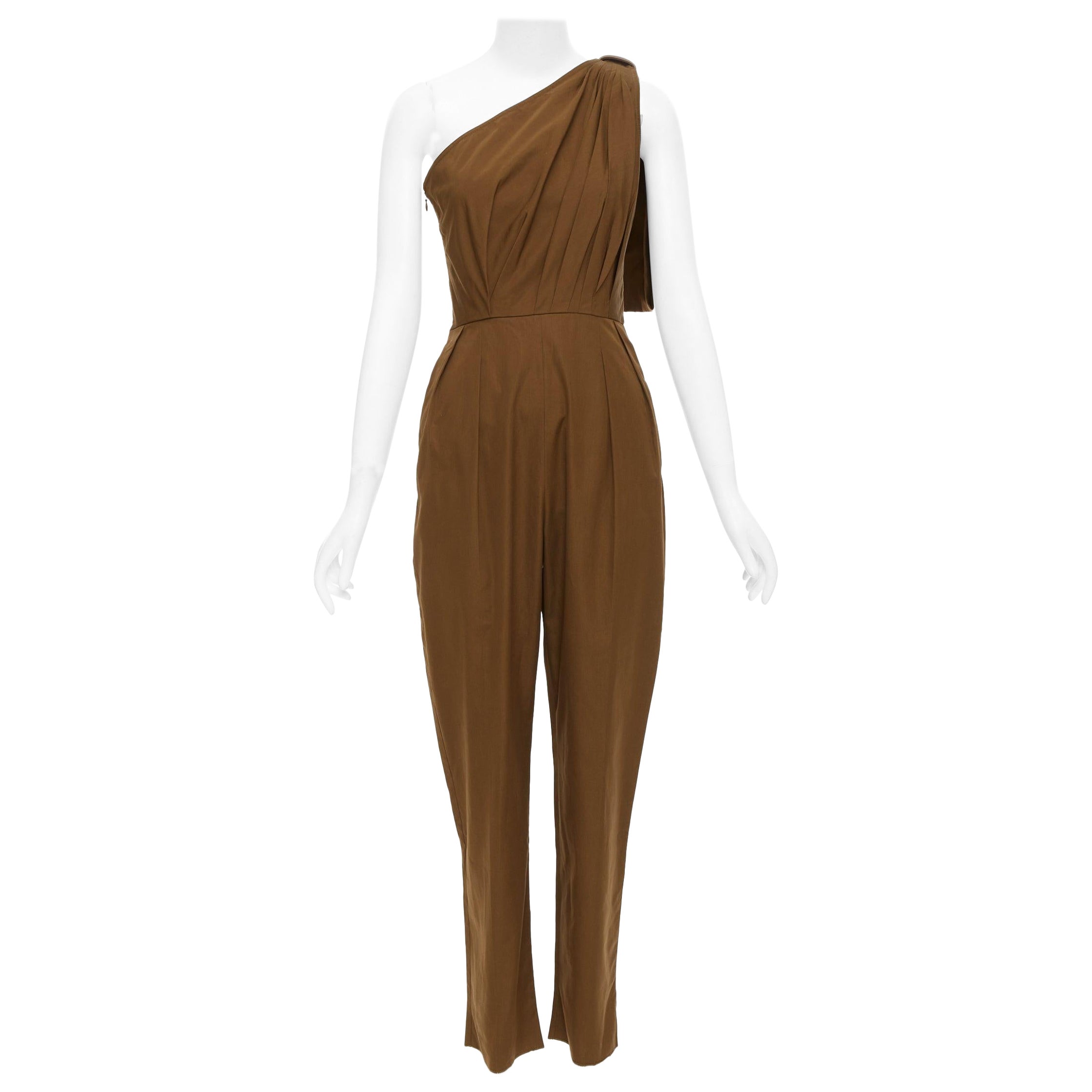 MAX MARA Avola brown cotton poplin one shoulder leather trim jumpsuit IT36 XXS For Sale