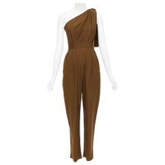 MAX MARA Avola brown cotton poplin one shoulder leather trim jumpsuit IT36 XXS