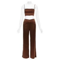REFORMATION 100% silk brown elastic cropped top wide leg pants US0 XS