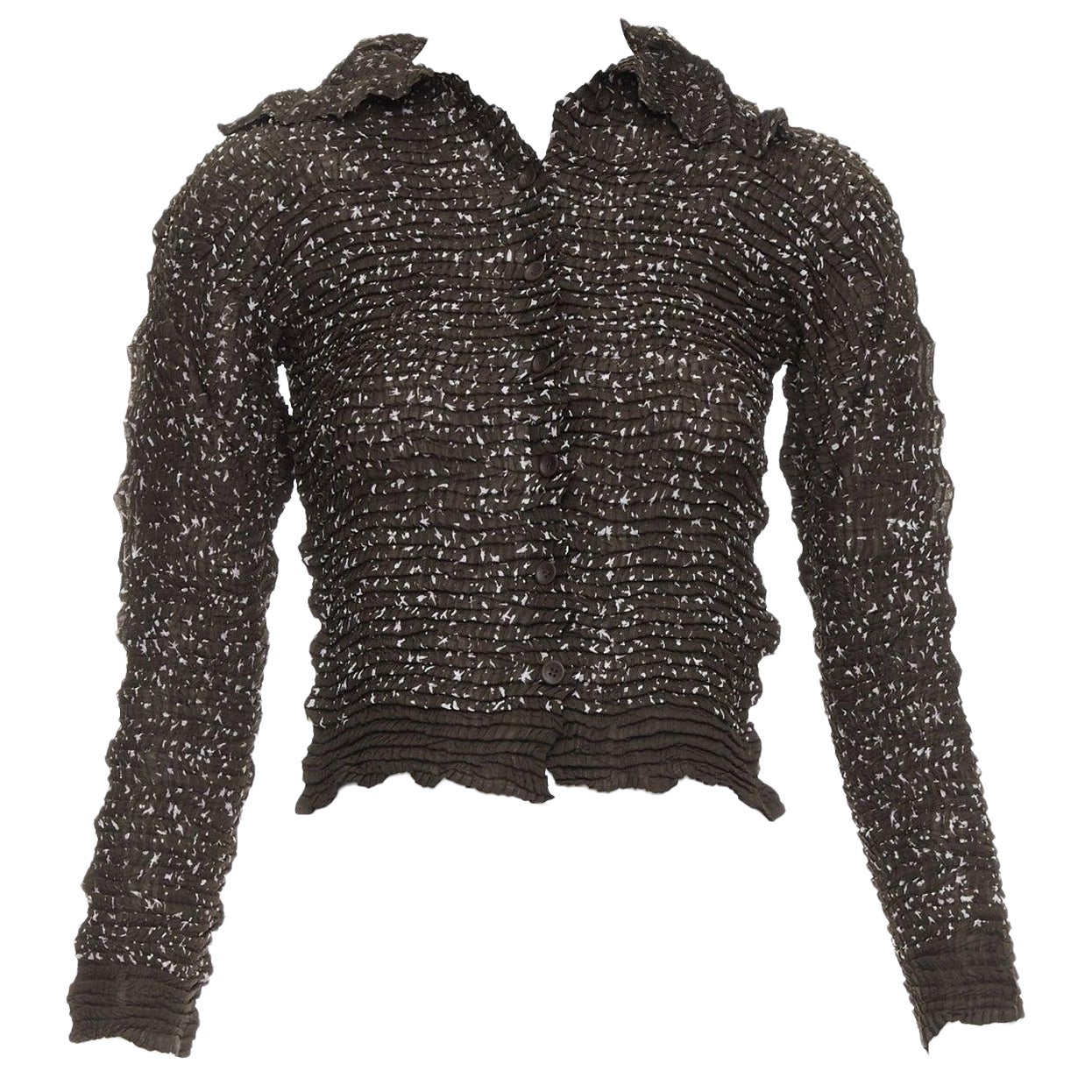 ISSEY MIYAKE brown speckle crinkled collared cropped shirt top M For Sale