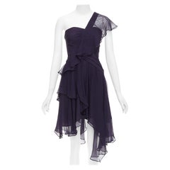 BCBG 100% silk navy asymmetric chiffon drape flutter dress US0 S
