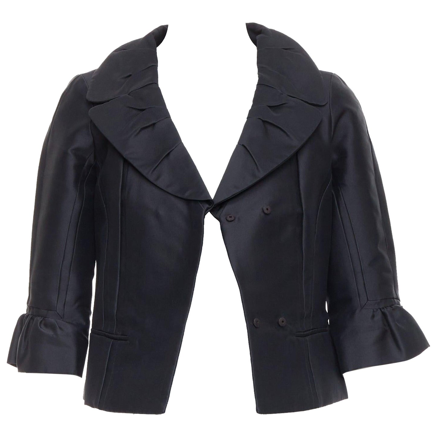 LOUIS VUITTON Marc Jacobs black silk pleated collar crop jacket FR34 XS For Sale