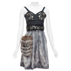 rare PRADA 2006 Runway grey silk fur bolts embellished dress IT40 S