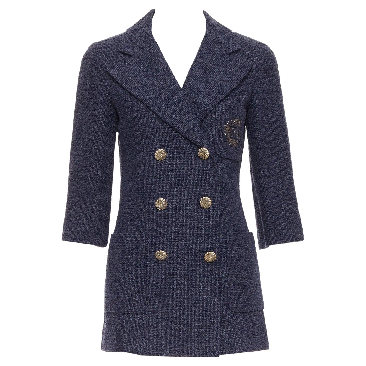 CHANEL 12P doré bleu marine tweed à poches doubles CC FR38 M en vente