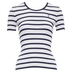 CHANEL 98P Vintage black grey ribbed cotton nautical striped logo top FR36 S