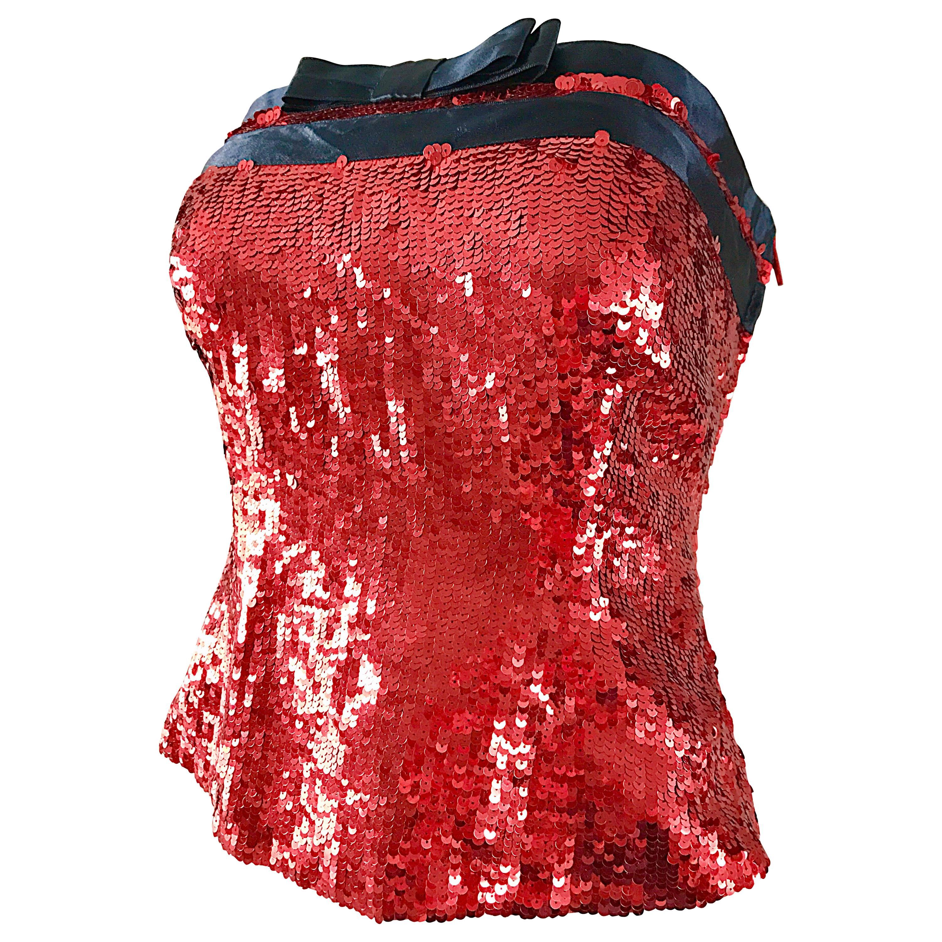 1990s Bill Blass Size 6 Red Sequin Black Strapless Bustier Vintage Corset Top For Sale