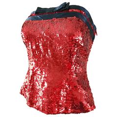 1990s Bill Blass NWT Red Sequin + Black Bow Strapless Bustier Vintage Corset Top