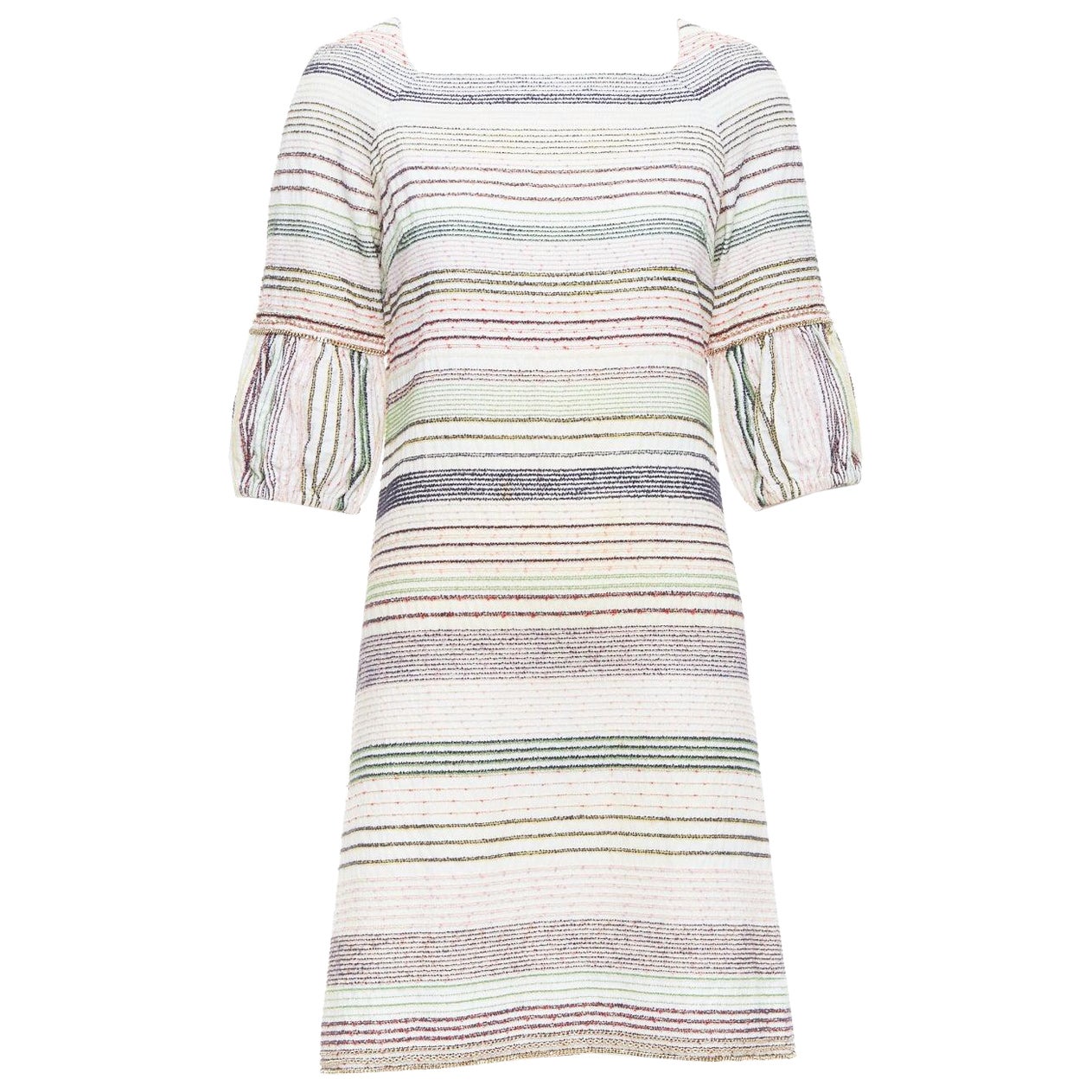 CHANEL 07A Runway white multicolor tweed chain trimmed sleeve dress FR36 S For Sale