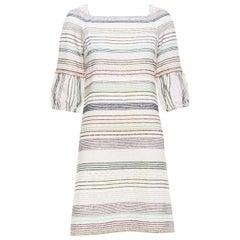CHANEL 07A Runway white multicolor tweed chain trimmed sleeve dress FR36 S