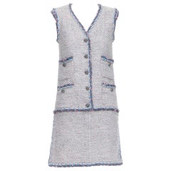 CHANEL 15A Runway pink grey blue tweed CC 4 pocket vest design dress FR34 XS