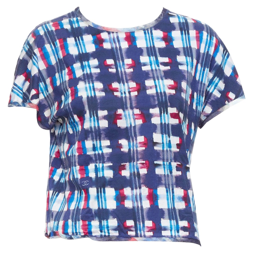 CHANEL 17P Runway blau rot kariert CC Logo Druck Seide trim crop top FR36 S